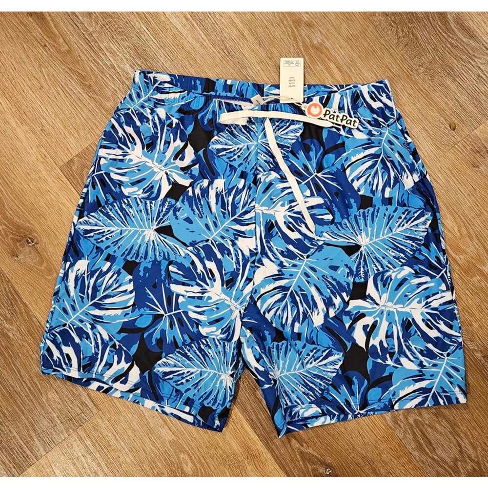 PatPat Men's Blue Tropical Print Spandex Swim Trunks=Large